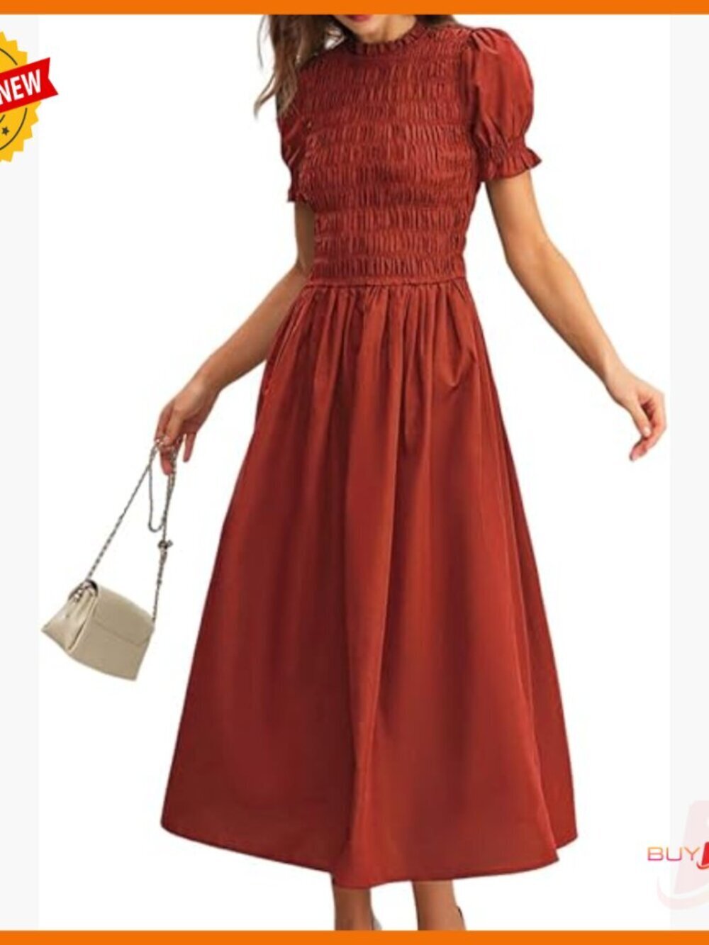 Shirred A-Line Midi Dress Puff Sleeve Smocked Flowy Boho Summer Sundress